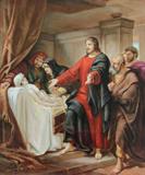 Lot 6:  KPM PLAQUE PORCELAIN PAINTING AFTER RICHTER: Marked verso, ''Jairus Tochter nach Gustav Richter'', 13 3/8'' x 11 1/8'', signed lower middle margin L. Wirkner, impressed KPM mark verso, also marked lower right ''Mit Genehmigung? der Photographische Gesc. Berlin, scene depicts jesus healing the bed ridden daughter of Jairus, encased in later fabric covered liner, 17 1/2'' x 15 1/2''. Est. $4000/6000**
CONDITION: Several very minor imperfections in the porcelain, barely noticeable even upon close inspection.