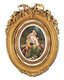 Lot 7:  VERY LARGE EXQUISITE PAINTED PORCELAIN PLAQUE CIRCA 1910:  Oval 19" x 14 1/2", spurious KPM mark impressed verso, Scene Depicts a Mother and Two Small Children in a Wooded Landscape with Roses, encased in elaborate gilded and carved gesso frame with floral and ribbon cartouche in need of repair, 48" x 29" x 3 1/2".
