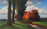 Lot 19: RUDISUHLI, Hermann, (Swiss, 1864-1944): Panoramic Autumnal Landscape with Blue Sky and Billowing Clouds, Oil/Canvas, 40'' x 62'', signed lower left, Hermann Rudisuhli, Munchen, encased in fantastic columnal? carved and silver gilt contemporary frame, 46'' x 68 1/2''. Est. $3000/5000**
CONDITION: Ready to hang, some minor craquelure scattered throughout.