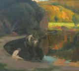 Lot 18:  PIEPHO, Carl, (German, 1869-1920): Nude Bathers, Oil/Canvas, laid down on Masonite, 31 1/2'' x 36'', signed lower mid margin, dated 1900, fine contemporary framing 37 1/2'' x 42 1/2''. Est. $2000/4000**
CONDITION: Several minor abrasions near the two bathers in the water.