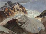 Lot 20:  BURCK, Paul, (German, 1878-1947): Snowcapped Mountain Peaks, Oil/Canvas, 26 3/8'' x 34 1/2'', signed lower left and dated, also signed and dated verso, contemporary gilded frame with minor wear, 32'' x 39 1/2''. Est. $1000/2000**
CONDITION: Patch visible verso, good condition, ready to hang.
