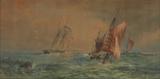 Lot 30:  FAULKNER, John (American, 1835-1894): ''Blowing Fresh'', Scene Depicts Masted Ships Sailing at Sea, Watercolor, 18 3/4'' x 37 3/4'', signed and titled lower left, period gilded frame, 24 1/2'' x 43 1/2''. Est. $3000/5000**
CONDITION: Toning throughout, several spots most notably in the upper portion of the painting, ''Fresh from the Estate''.