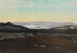 Lot 37:  TURCKE, Franz Theodor, (German, 1877-1957): Panoramic Landscape with Sun Rising over Village, Oil/Canvas, 28'' x 39 5/8'', titled in German verso, signed on the canvas lower right, also signed verso. Est. $500/800**
CONDITION: Scattered craquelure.