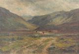 Lot 38:  HURT, Louis Bosworth, (United Kingdom, 1856-1929): ''Glen Logan, Kinlochewe'', Scottish Highlands Scene, Oil/Canvasboard, signed lower left, titled verso in pencil, 13'' x 19'', signed lower left, encased in painted oak frame with wear, 19'' x 25''. Est. $3000/5000**
CONDITION: Needs cleaning, several areas of paint fleck and loss.