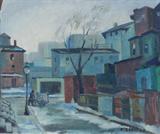 Lot 43:  STAHL, Emile, (German, 1847-1938): Urban Scene with Street Peddler Pushing Cart, Oil/Canvas, 20'' x 24'', signed lower right, dated '34, signed and dated verso, fine contemporary silver gilt frame, 28 1/2'' x 32 1/2''. Est. $600/800**