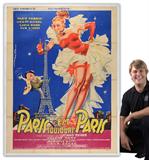 Lot 51:  DESETA, Enrico, (): Vintage Movie Poster for Paris, A Toujours Paris, Vintage Movie Poster backed by linen, 65'' x 49 1/4''. Est. $800/1200**
CONDITION: Poster was folded in sections at one point and laid on canvas, visible stain in the folding sections, several minor tears and creases, sold as is.
