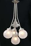 Lot 74:  MULLER FRES ART DECO CEILING LIGHT FIXTURE: Luneville, France. Four signed satin glass globular shades.
CONDITION: The metal frame is in need of welding.