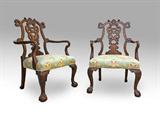 Lot 83:  INLAY MAHOGANY ARM CHAIRS: Modern rendition of 18th C chairs. Measure approx. 40 1/2'' h. x 28 1/2'' x 26 1/2''.
