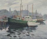 Lot 210:  SALLA, Salvatore, (American, 1903-1992): Italian Docks, Gloucester, Mass., Oil/Canvas, 30'' x 36'', signed lower left, signed titled and dated verso 1941, original gilded and painted wood frame with wear, 34 1/2'' x 40 1/2''. Est. $800/1200**
CONDITION: Several scattered abrasions, some minor paint loss.