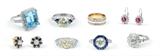 Estate Gemstones & Diamonds: 51) Platinum 14.5 Ct Aquamarine Ring; 46) 3.36 Ct Diamond Solitaire w/ Sapphires; 106) Platinum & 18K Gold Band Ring rimmed in 1.32Ctw Diamonds; 90) 18K Burma Ruby and Diamond Earrings; 69) 18K 4.82 Ctw Sapphire w/ 1 Ctw Diamond Earrings; 59) Platinum & 18k Three Stone Diamond Ring, 1.46 Ct Yellow Center; 68) Platinum Ring w/ 2 Ct Center Diamond framed in Sapphires; 60) Platinum Old Mine Cut 1.30 Ct Center Diamond Ring.