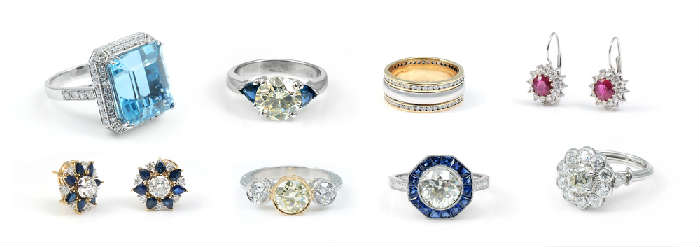 Estate Gemstones & Diamonds:  51) Platinum 14.5 Ct Aquamarine Ring; 46) 3.36 Ct Diamond Solitaire w/ Sapphires; 106) Platinum & 18K Gold Band Ring rimmed in 1.32Ctw Diamonds; 90) 18K Burma Ruby and Diamond Earrings; 69) 18K 4.82 Ctw Sapphire w/ 1 Ctw Diamond Earrings; 59) Platinum & 18k Three Stone Diamond Ring, 1.46 Ct Yellow Center; 68) Platinum Ring w/ 2 Ct Center Diamond framed in Sapphires; 60) Platinum Old Mine Cut 1.30 Ct Center Diamond Ring.