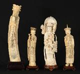 Lot 18: Large Extremely Detailed Carved Ivory Emperor, 25" h;
Lot 17: Pair Carved Ivory Royal couple, tallest 17 1/2" h.;
Lot 5: Carved Ivory Guan Yin Figure, 21" h.
