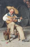 Lot 16: GIARDIELLO, Giuseppe, (Italian, 1877-1920): ''The Guitar Player'', The Scene Depicts an Elderly Man Strumming a Guitar in a Wine Cellar, Oil/Canvas, 47'' x 25 1/4'', signed lower left G. Giardiello, Napoli, encased in period gilded gesso frame with minor wear, 46'' x 35''. Est. $3000/5000**
CONDITION: Relined, scattered cracklure.