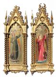 Lot 29: TWO ANGEL PAINTINGS IN THE MANNER OF FRA D' ANGELICO: Arched Wood Panel, 16 1/2'' x 6'', Overall measurement with Gothic Carved and gilded gesso frame 28'' x 9 1/2''. Est. $800/1200**
CONDITION: Both frames are in need of some minor repair one of the pillars is missing along with bits and pieces of carving. The paintings do have some scattered minor abrasions, but good overall.