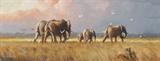 Lot 170: HACKING, Grant, (American, 1964- ): ''Following the Herd'', Depicts Pack of Elephants in an African Landscape, Oil/Masonite, 5'' x 12'', signed lower left, signed titled and dated 2013 verso, custom frame 9 1/4'' x 16 1/2''. Est. $800/1200**