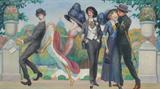 Lot 176: ROUBILLE, Auguste, (French, 1872-1955): Painting of Flapper Era Characters Fooling Around, Oil/Canvas mounted on board, 28'' x 48'', signed lower left, encased in gilded gesso frame with wear 43'' x 53''. Est. $2000/4000**