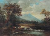 Lot 185: POPE, Thomas Benjamin, (American, 1834-1891): Hudson River/White Mountain Landscape with Cattle Crossing River with Mountains in the Distance, Oil/Canvas 18'' x 24'', signed lower left, dated 1880, encased in period gilded gesso frame with wear, 27'' x 33''. Est. $1500/2500**
CONDITION: Scattered craquelure throughout, needs cleaning, minor stretcher bar wear.