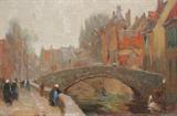Lot 198: BEATTY, J.W., (Canadian, 1869-1941): Amsterdam Canal Scene, Oil/Board, 6 1/4'' x 9'', signed lower left, encased in period gilded frame with wear, 10 1/4'' x 13 1/4''. Est. $2000/4000**