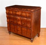 Lot 37: BIEDERMEIER FLAME GRAIN MAHOGANY 3 DRAWER CHEST: Richly grained mahogany veneer. 3 shaped graduating drawers with carved wood escutcheons, turned front legs. 36'' h. x 38 3/4'' x 19 1/4''.
CONDITION: Age splits on either side, several chips to veneer, replaced back panel, other wear consistent with age and use.