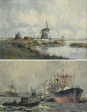 Lot 1049:  DRULMAN, Marinos Johannes, (de Jongere), (Dutch, 1912-1977): Busy Dutch Harbor Scene with Tankards & Tugboat, Oil/Canvas, 15 3/4'' x 24'', signed lower left, painted frame with wear, 21'' x 29''. Est. $800/1200**Lot 1050:  DRULMAN, Marinos Johannes, (de Jongere), (Dutch, 1912-1977): Panoramic Dutch Landscape with Windmills, Oil/Canvas, 16'' x 23 3/4'', signed M. de Jongere lower left, encased in original painted frame with wear, 21'' x 28 1/2'', purchased in Holland in 1965. Est. $800/1200**
CONDITION: There is a small puncture in the upper left corner.