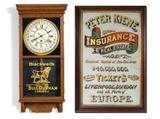 Lot 1361:  BLACKWELL'S BULL DURHAM OAK ADVERTISING CLOCK: Carved oak case regulator with reverse painted ''Blackwell's Genuine Bull Durham Tobacco'' on lower glass. Painted metal dial with Roman numeral hours, Arabic numeral date. Marked ''Made buy the Sessions Clock Co. Forestville, Conn. USA''. Key wind and pendulum time only movement. 38'' h. x 18'' x 5 1/4''.
CONDITION: Wear to dial. Currently running however not guaranteed to continue.

Lot 1362:  REVERSE PAINTED ENGLISH INSURANCE ADVERTISING SIGN: Reverse painted glass advertisement for Peter Kiene Insurance and Real Estate Agent. Also for passage tickets to and from Liverpool, London, and all parts of Europe. Sight size 34 3/4'' h. x 22 1/2'', framed 40 3/4'' x 29 3/4''.
CONDITION: Flaking and loss of paint.