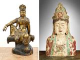 Lot 1009:  LARGE CARVED GILT WOOD SEATED KWAN YIN: Figure of the goddess of compassion seated on pedestal, in the royal ease posture, ready to help those in need. Gold gilt with red and black paint showing through. Actual age unknown. 42 3/4'' h. x 27'' x 17''.
CONDITION: Loss of gilt, age splits and cracks, missing pieces, especially at base.Lot 1074:  CARVED WOODEN POLYCHROME BUST OF BUDDHA: Actual age unknown. 31 3/4'' h. x 17'' x 10''.
CONDITION: Loss of paint.