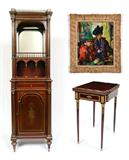 1004) Napoleon III Boule inlay French Mahogany Cabinet; 1005) Mahogany & Ormolu gilt Bronze Game Table; 1023) Luigi Corbellini O/C