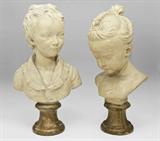 Lot 1015:  HOUDON, Jean-Antoine, ''After'', (French, 1741-1828): Terracotta Bust of Little Boy, Glazed Terracotta with base, overall measurement 18'' h., sculpture only measures approximately 13 1/2'' h., signed verso, stamped underneath ''Made in France'' with the initials G.F.? Est. $800/1200**
CONDITION: Some scattered flecking and grazing to the glaze, gold overpaint to base.

Lot 1014:  SALY, Jacques Francois Joseph, ''After'',(French, 1717-1776): Terracotta Bust of a Child, 18'' in height with stand, approximately 14'' in height just the painted glazed terracotta bust, signed verso, stamped underneath ''Made in France'' with the initials G.F.? Est. $800/1200**
CONDITION: Overpainted gold patina to the affixed stand, several scratches and scattered flecks to the glazing throughout.