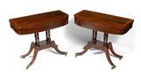 Lot 1016:  PAIR CIRCA 1815 REGENCY PERIOD GAME TABLES: Inlaid tops and sides, interior embossed leather playing surfaces. 4 turned column supports over 4 splayed legs, also inlaid, ending in brass paw feet with castors. Overall 29 1/4'' h. x 36'' x 17 1/4''.
CONDITION: Splits to leather at folds, chips to inlay to be expected.