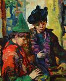 Lot 1023:  CORBELLINI, Luigi, (Italian, 1901-1968): Two Children in Construction, Oil/Canvas, 21 1/2'' x 18 1/4'', signed lower right, encased in fine carved and painted gesso frame with minor wear 28 1/2'' x 25''. Est. $1500/2500**
CONDITION: Several small patches visible verso, scattered craquelure concentrated mainly in the middle and upper portions of the painting.