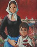 Lot 1046:  SERRIER, Jean Pierre, (French, 1934-1989): Mother & Child in a Dutch Landscape with Windmills, Oil/Canvas, 22'' x 18'', signed lower left, encased in period painted and pierced carved frame, 31'' x 27''. Est. $600/900**