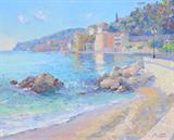 Lot 1040:  BITTAR, Pierre, (French, 1934- ): ''Bord de mer Villefranche'', Oil/Canvas, Sight size 31 1/4'' x 38 1/2'', signed lower right, still encased in custom fine gilded Wally Finley frame, 39'' x 47'', sold with original guarantee from Wally Finley and the original receipt. Est. $2000/4000**
CONDITION: Pristine.