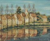 Lot 1138:  CAPRON, Jean-Pierre, (French, 1921-1997): French Landscape of a Village on the River, Oil/Canvas, 21'' x 25 1/2'', signed lower left, dated '75, encased in a period gilded frame with minor wear, 27'' x 31 1/4''. Est. $800/1200**