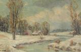 Lot 1190:  BETTINGER, Paul John, (American, 1878-1947): Winter Landscape with Stream & Farm Houses, Oil/Canvas, 16'' x 20'', signed lower left, encased in fine vintage high quality carved and gilded frame, 20'' x 25 1/2''. Est. $600/900**
CONDITION: Needs cleaning, some minor stretcher bar wear, and mild craquelure.