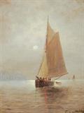 Lot 1186:  WEBBER, Wesley Elbridge, (American, 1841-1914): Sailing Vessels in NYC? Harbor Moonlight, Oil/Canvas, 16'' x 12'', signed lower right, encased in period carved and gilded gesso frame with wear and repair, 24'' x 20''. Est. $3000/5000**
CONDITION: Relined.