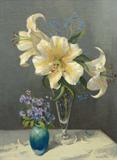 Lot 1200:  STRISIK, Paul, (American, 1918-1998): ''Lilies'', Oil/Masonite, 16'' x 12'', signed lower right, gold frame, 25'' x 20 1/2'', Rockport, Massachusetts label affixed verso. Est. $1000/2000**