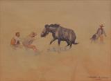 Lot 1235:  REEDY, Leonard Howard, (American, 1899-1956): Breaking the Wild Bronco, Watercolor, Sight size 8'' x 11'', signed lower right, dated 1935, encased in period wooden frame 13 3/4'' x 16 1/2''. Est. $800/1200**
CONDITION: Overall toning, faint visible mat burn.