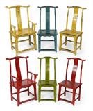 Lot 1201:  SET OF 6 CHINESE IRONWOOD CHAIRS: 6 yoke back chairs with crackle paint decorated surface in assorted colors. To include 2 arm chairs (47 3/4'' h. x 25'' x 21 1/2'') and 4 side chairs. These chairs are very heavy. Actual age unknown.