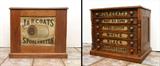 Lot 1251:  J & P COATS 6 DRAWER SPOOL COTTON CABINET: Walnut advertising case with turned full columns. 6 drawers with brass pulls, front of drawers read ''J. & P. Coats, Best Six Cord, Spool Cotton for Hand & Machine Sewing, White, Black, Assorted Colors''. Carved plaque insert on back. 22 3/4'' x 25 1/2'' x 18 5/8''.
CONDITION: Several stains to top, chips to plaque, wear consistent with age and use.