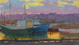 Lot 1336:  BERBERIAN, Ovanes, (American, 1951- ): Urban Dockside Painting at Sunset, Oil/Board, 9 1/2'' x 16'', signed lower right, encased in period carved and painted gesso frame with wear, 17 1/2'' x 24''. Est. $500/800**