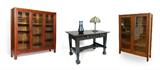 Arts & Crafts Furnishings to include Lot 1042) Triple Front Bookcase, 58” h.; Lot 1044) Attrib. Joseph McHugh Table; Lot 1045) Lorinda Epply Rookwood Vase;  Lot 1047) Miller Slag Glass Lamp;  Lot 1043) Attrib. Lifetime Furniture Bookcase.