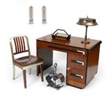 Period Deco Furnishings:  1076) Donald Deskey Streamline Modern Art Deco Desk w/ Shaw Walker Aluminum and Wood Chair; Donald Deskey Lamp and Sconces