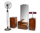 Lot 1104) Zephyr Floor Fan; Lot 1076) Gilbert Rhode Nightstands & Vanity (attrib);  Lot 1126) Art Deco Table Lamp