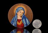 Lot 1019:  SUPERIOR MICRO MOSAIC MADONNA: Probably 19th Century, possibly Early 20th Century, Italian?, inset in a circular bronze or copper frame, approximately 2 5/8'' diameter, no visible signature.
CONDITION: Several scattered minor imperfections, age appropriate wear.