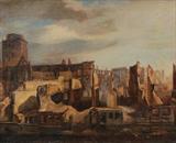 Lot 1032:  HEESCHE, Franz, (German, 1806-1876): ''City of Hamburg'', 1842, Oil/Canvas, 19 3/4'' x 23 1/2'', signed lower right, dated 1842, encased in a later pierced carved and painted frame with restorations 27 1/2'' x 31 1/2''.
CONDITION: Scattered repairs to punctures visible from the back side, craquelure throughout, stretcher bar wear, scattered inpaint and paint fleck, sold as is.