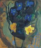 Lot 1029:  MANE-KATZ, (French-Ukrainian, 1894-1962): Expressionist Sill Life Composition of a Bouquet of Blue and Yellow Flowers Arranged in a Vase, Oil/Canvas, signed Mane-Katz in brown lower left, framed in a liner lined distressed wood molding 28'' x 24''. Est. $10000/20000**
CONDITION: Has surface abrasions in lower section above tacking margin. In addition, the liner is discolored.