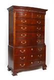 Lot 1151:  BAKER MAHOGANY CHIPPENDALE STYLE TALL CHEST: Shaped front with 2 half drawers over 6 drawers, banded inlay on corners. Shaped feet. 69 1/4'' h. x 43'' x 21 1/2''.