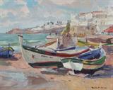 Lot 1190:  GRUPPE, Emile Albert, (American, 1896-1978): Albufiera, Portugal Coastal Scene, Oil/Canvas, 16'' x 20'', signed lower right, period frame 20'' x 23 3/4''. Est. $3000/5000**