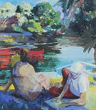 Lot 1233:  WEEKS, James (Darrell Northrup), (American, 1922-1998): Post Abstract Colorist Composition arranged as a Young Woman and a Man on a Balcony in the Foreground Overlooking a quiet reflective body of water with Multi-colored Canoes, Oil/Canvas, signed on the canvas verso, framed in a wood strip molding 69 1/2'' x 61 1/2''. Est. $15000/25000**
CONDITION: Heavily crazed, some old loss of paint, otherwise in good condition.