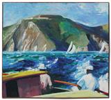 Lot 1232:  WEEKS, James (Darrell Northrup), (American, 1922-1998): Post Abstract Colorist Composition, Depicts Two Figures on the Deck of a Boat in the Foreground, Observing Sailing Vessels in a Regatta in a choppy blue sea, with a Mountain behind and a Cloudy Blue Sky above, Oil/Canvas, no visible signature, framed in a wood strip molding in good condition, 62'' x 69 1/2'' Est. $15000/25000**